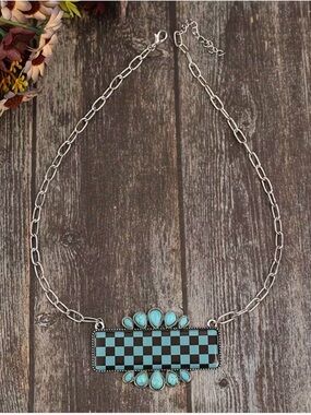 Silver Tone Adjustable Cable Chain Necklace Turquoise Rectangle Pendant 23in